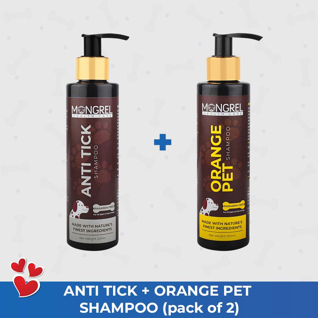 Anti-tick-with-orange-pet-shampoo.jpg Mongrel Healthcare Orange Extract Pet Shampoo Anti Bacterial Dog and 1 Anti Tick Dog Shampoo - Image 1
