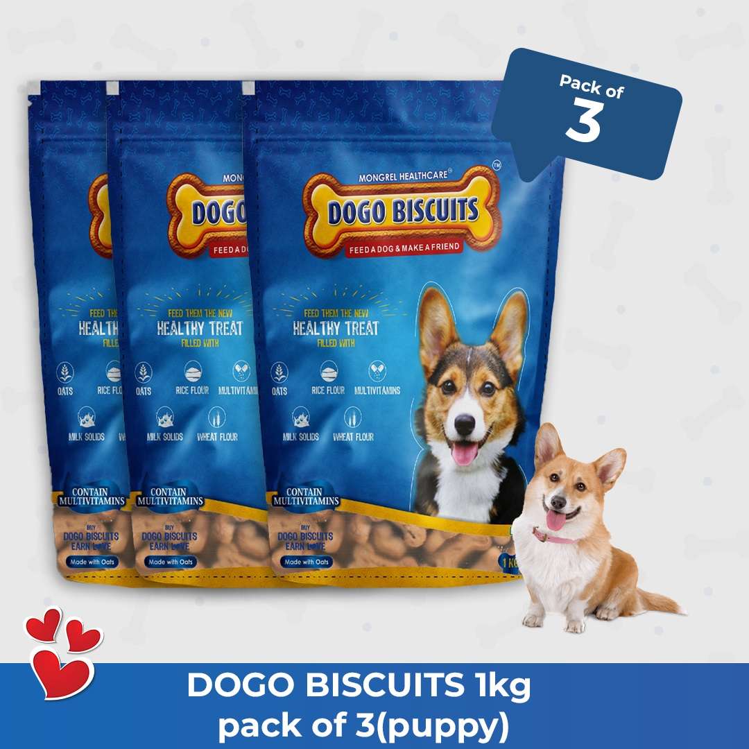 Dogo-Biscuits-Puppy-1-Kg-Pack-of-3.jpg Mongrel Healthcare Dogo Biscuits Puppy 1 Kg Pack of 3 | Multigrain Biscuit Made with Oats and Multivitamins - Image 1