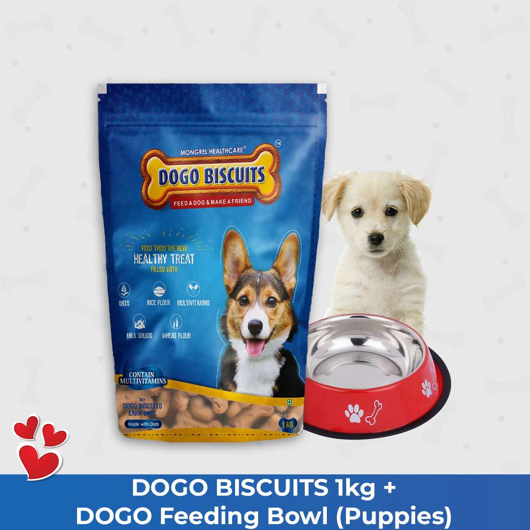 Dogo-biscuit-1kg-dogo-feeding-bowlpuppies.jpg Mongrel Healthcare Dogo Biscuits Puppy 1 Kg and 1 Feeding Bowls - Image 1