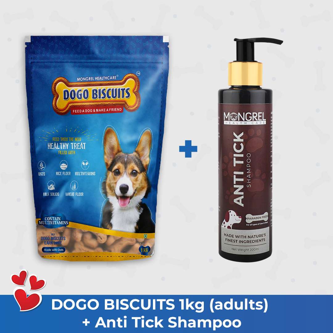 Dogo-biscuits-1kg-adult-with-anti-tick-shampoo.jpg Mongrel Healthcare Adult Biscuits and 1 Anti Tick Dog Shampoo - Image 1